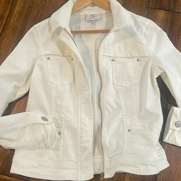 OSO Casuals Off White Denim Zip Front Jean Jacket Size Small - Picture 1 of 13